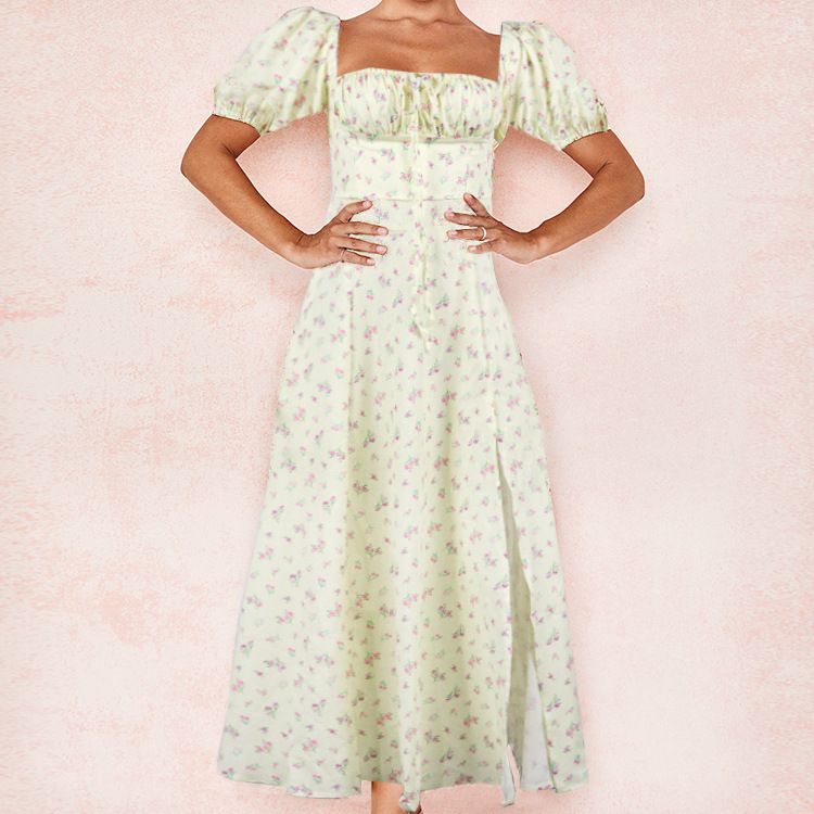Hongyi Floral Long Dress Summer 2026 New flower goose yellow M Size: M; Height (cm): 160-165; Weight (kg): 50-55; Bust (cm): 86-90; Waist (cm): 70-74; Shoulder width (cm): 38; Length (cm): 60