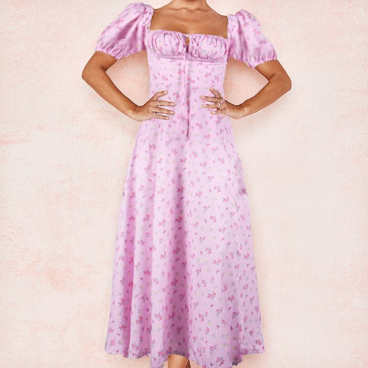 Hongyi Floral Long Dress Summer 2026 New pollen floret Size: L; Height (cm): 165-170; Weight (kg): 55-60; Bust (cm): 90-94; Waist (cm): 74-78; Shoulder width (cm): 39; Length (cm): 62