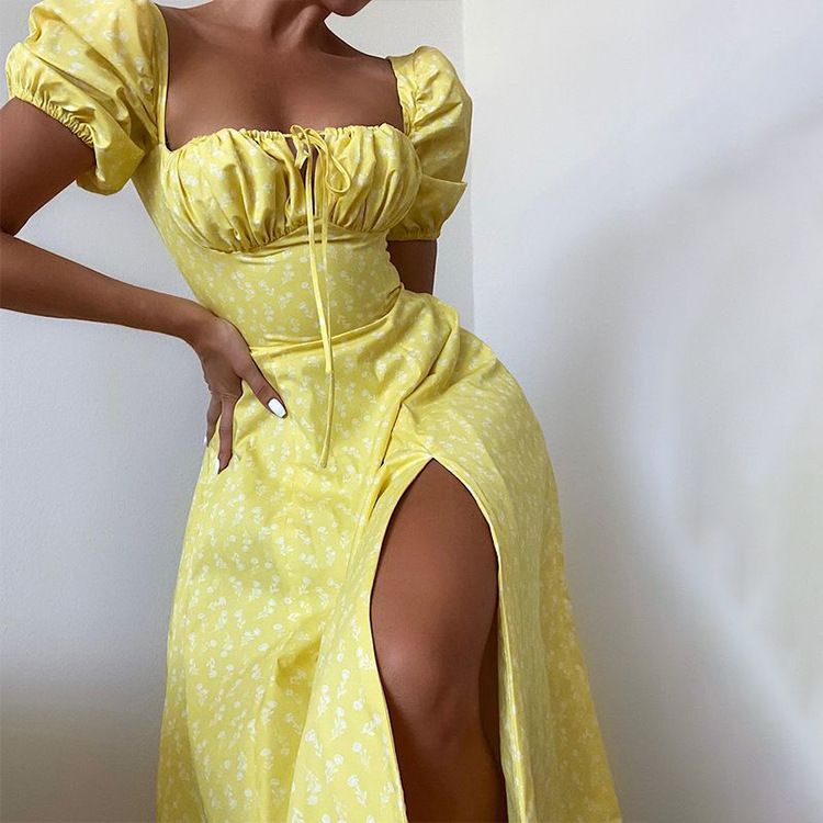 Hongyi Floral Long Dress Summer 2026 Small yellow flower New Flower 2XL Size: XXL; Height (cm): 175-180; Weight (kg): 65-70; Bust (cm): 98-102; Waist (cm): 82-86; Shoulder width (cm): 41; Length (cm): 66