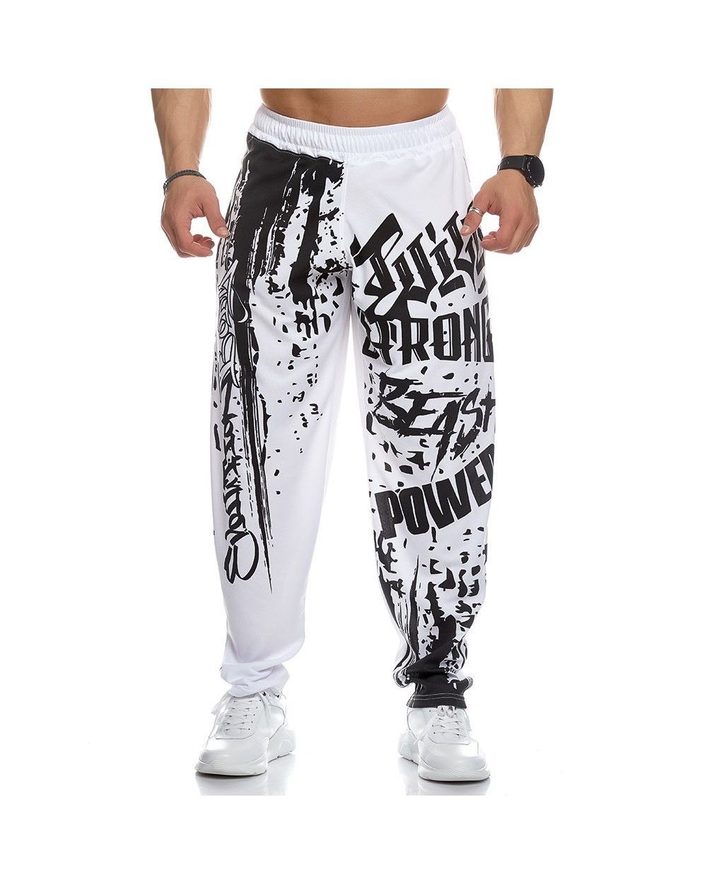 Men Headband Graffiti Straight Pants Polyester White XXL