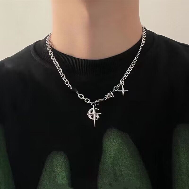 Titanium Steel Necklace Black Gem Star Hip Hop Titanium steel Awn star black gem necklace