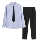 Thai School Uniform Shirt Cotton Blend Embroidery Badge Thai men's long sleeve + black pants + black tie XS