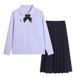 Thai School Uniform Shirt Cotton Blend Embroidery Badge Thai women's long-sleeved shirt + navy blue dress XS