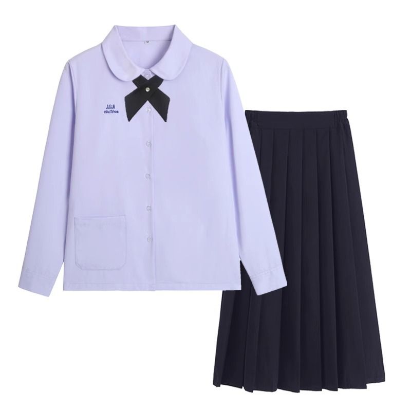 Thai School Uniform Shirt Cotton Blend Embroidery Badge Thai women's long-sleeved shirt + navy blue dress XS