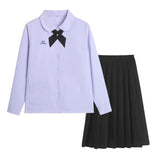 Thai School Uniform Shirt Cotton Blend Embroidery Badge Thai women's long sleeve shirt + black skirt XS
