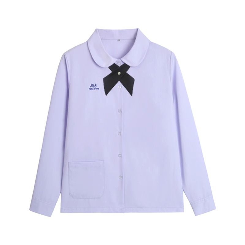 Thai School Uniform Shirt Cotton Blend Embroidery Badge Thai women's long sleeve + wide bow tie