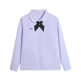 Thai School Uniform Shirt Cotton Blend Embroidery Badge Thai women's long sleeve + wide bow tie M