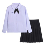 Thai School Uniform Shirt Cotton Blend Embroidery Badge Thai women's long-sleeved shirt + black skirt L
