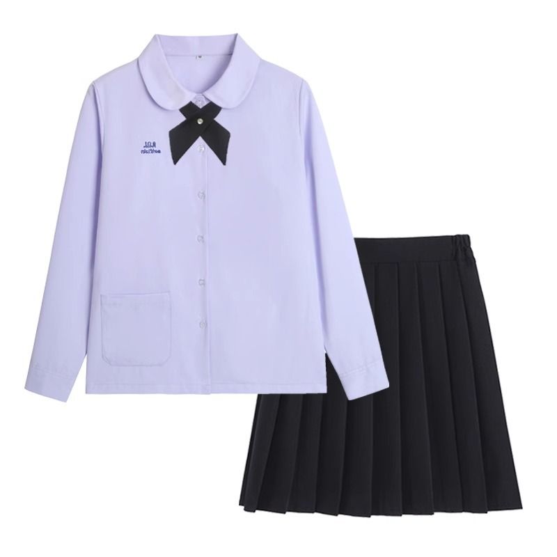 Thai School Uniform Shirt Cotton Blend Embroidery Badge Thai women's long-sleeved shirt + black skirt L