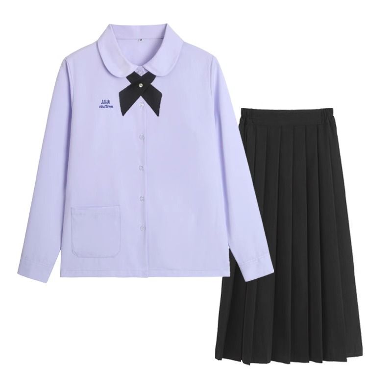 Thai School Uniform Shirt Cotton Blend Embroidery Badge Thai women's long-sleeved shirt + black dress L