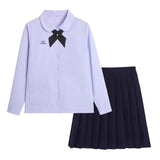 Thai School Uniform Shirt Cotton Blend Embroidery Badge Thai women's long-sleeved shirt + navy blue skirt XXXL