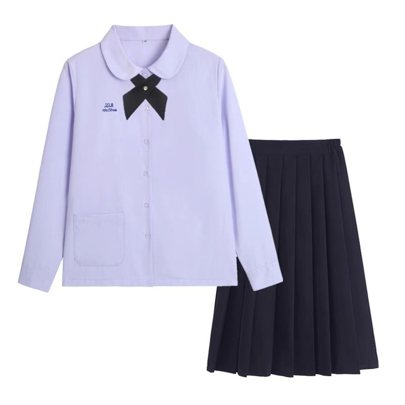 Thai School Uniform Shirt Cotton Blend Embroidery Badge Thai women's long-sleeved shirt + navy blue skirt XXXL