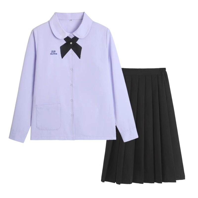 Thai School Uniform Shirt Cotton Blend Embroidery Badge Thai women's long sleeve shirt + black skirt XXXL