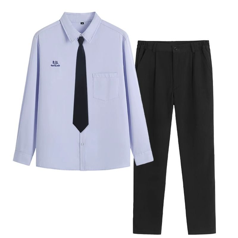 Thai School Uniform Shirt Cotton Blend Embroidery Badge Thai men's long sleeve + black pants + black tie 4XL