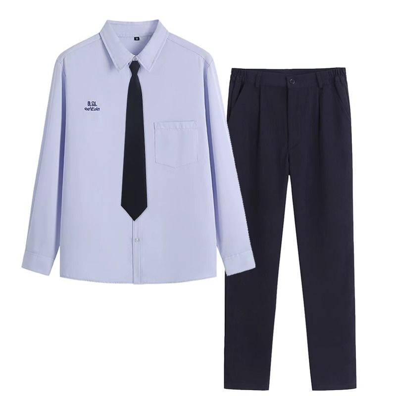 Thai School Uniform Shirt Cotton Blend Embroidery Badge Thai men's long sleeve + navy blue pants + black tie 5XL