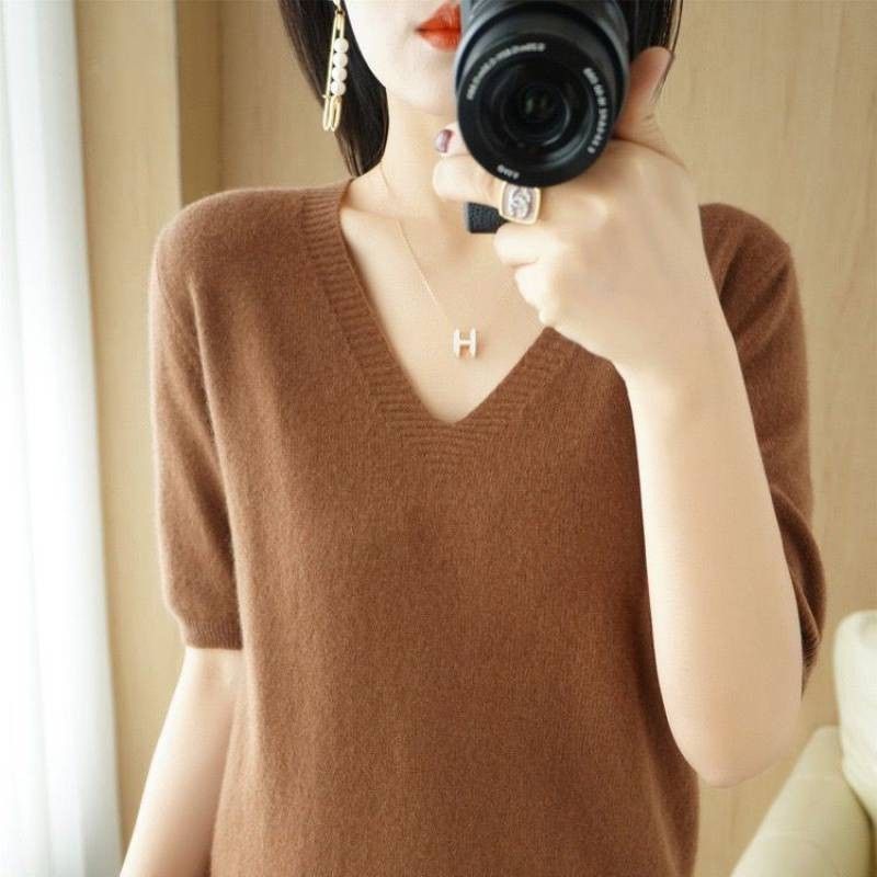 Women V Neck Knit Sweater Half Sleeve Pullover Coffee L Size: L; Height (cm): 165-170; Weight (kg): 55-60; Bust (cm): 90-94; Waist (cm): 74-78; Shoulder width (cm): 39; Length (cm): 62