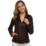 Women PU Leather Jacket Solid Zipper Hooded Streetwear Coffee 3XL