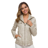 Women PU Leather Jacket Solid Zipper Hooded Streetwear 100% real shot, rest assured to use, peers do not steal pictures M Size: M; Height (cm): 160-165; Weight (kg): 50-55; Bust (cm): 86-90; Waist (cm): 70-74; Shoulder width (cm): 38; Length (cm): 60