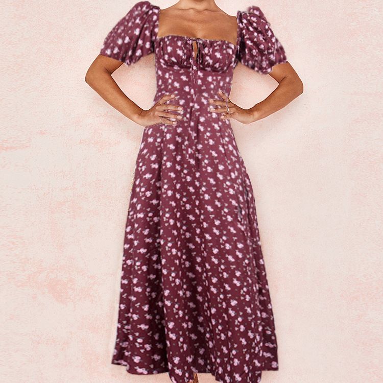 Hongyi Floral Long Dress Summer 2026 Burgundy 2XL Size: XXL; Height (cm): 175-180; Weight (kg): 65-70; Bust (cm): 98-102; Waist (cm): 82-86; Shoulder width (cm): 41; Length (cm): 66