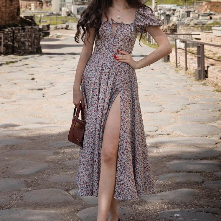 Hongyi Floral Long Dress Summer 2026 Grey 2XL Size: XXL; Height (cm): 175-180; Weight (kg): 65-70; Bust (cm): 98-102; Waist (cm): 82-86; Shoulder width (cm): 41; Length (cm): 66