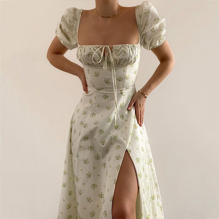 Hongyi Floral Long Dress Summer 2026 White Green 2XL Size: XXL; Height (cm): 175-180; Weight (kg): 65-70; Bust (cm): 98-102; Waist (cm): 82-86; Shoulder width (cm): 41; Length (cm): 66