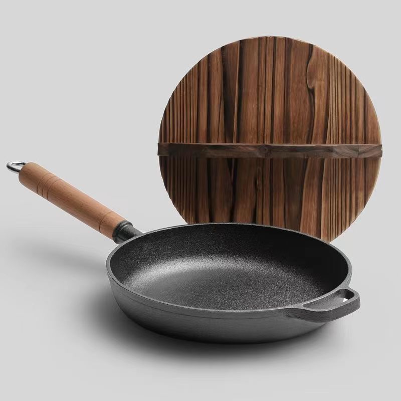 Cast Iron Frying Pan Wooden Handle 25cm 27cm