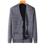 Men V Neck Fleece Cardigan Sweater Loose Fit Diamond Plaid fleece-lined cardigan light gray 2XL