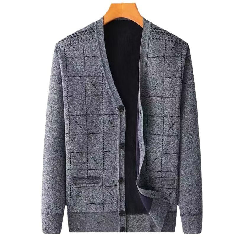 Men V Neck Fleece Cardigan Sweater Loose Fit Plaid fleece-lined cardigan khaki 3XL