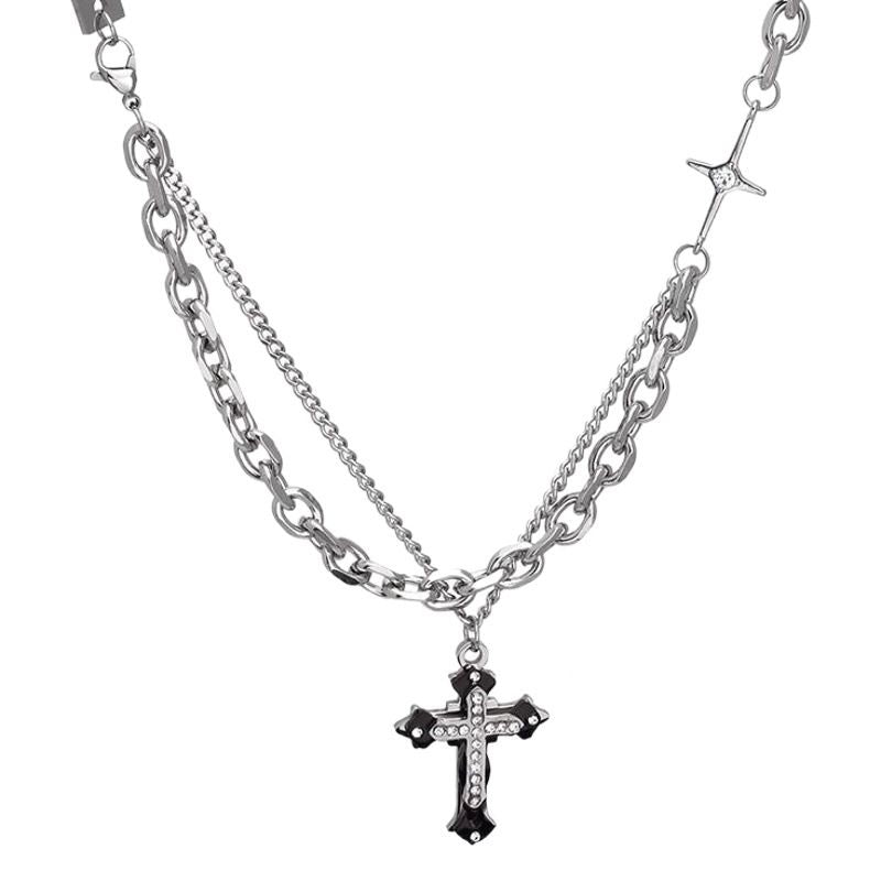 Alloy Cross Necklace O Chain 41-50cm Unisex High street three-layer cross necklace