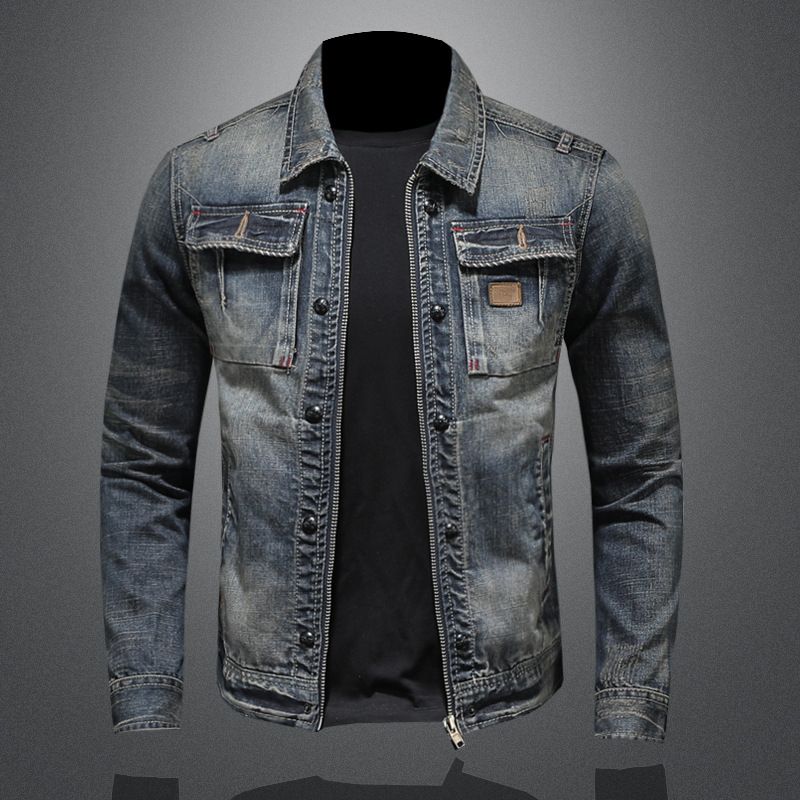 Men Denim Jacket Vintage Wash Cotton Long Sleeve Blue Size: L; Height (cm): 170-175; Weight (kg): 65-75; Bust (cm): 104; Shoulder width (cm): 45; Length (cm): 68; Sleeve length (cm): 62