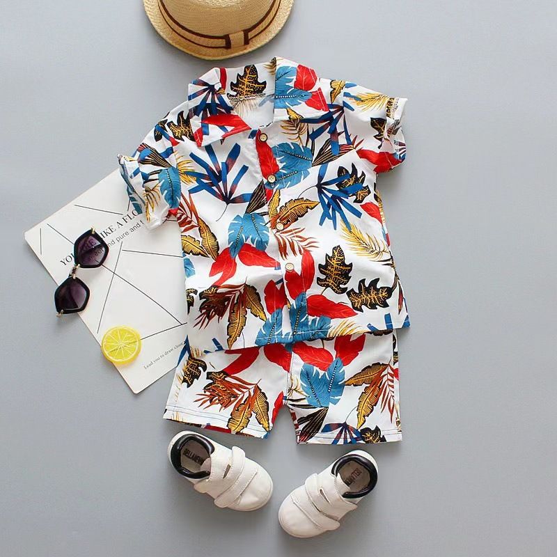 Chaole Pig Boys Cotton Short Sleeve Suit white leaves 80cm