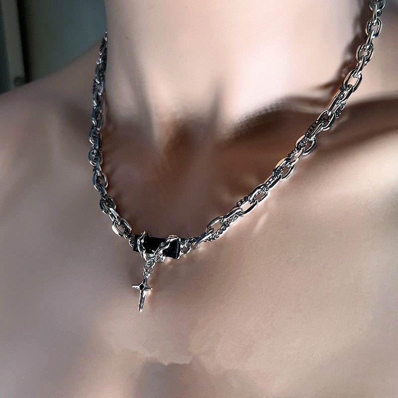 YX Men's Alloy Cross Chain Necklace Black Geometric... Black winding forest Awn star necklace