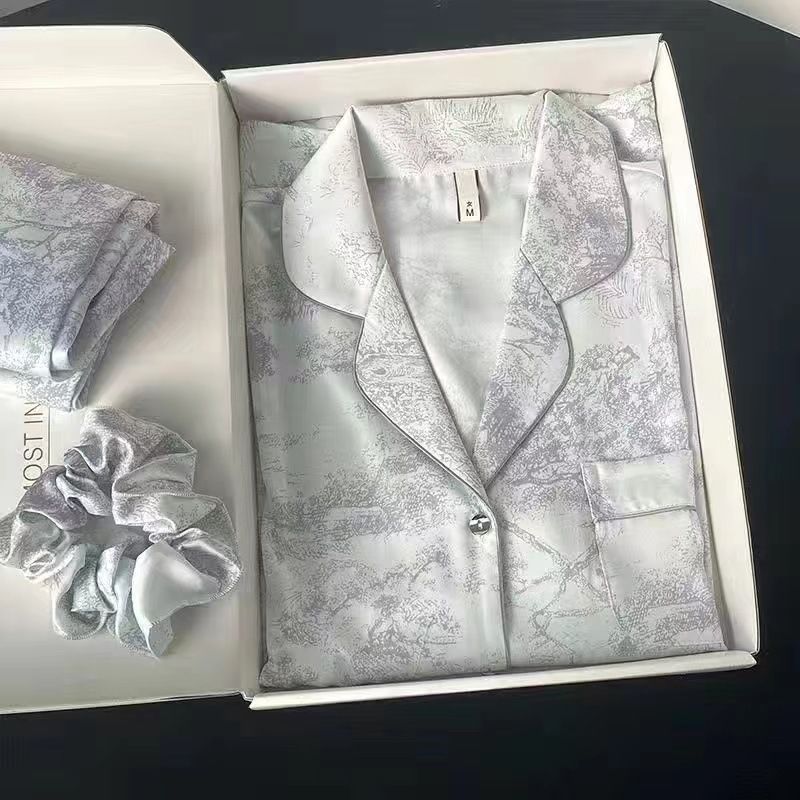 Women Long Sleeve Sleepwear Set Polyester Home Double-length gray# twill sand painting