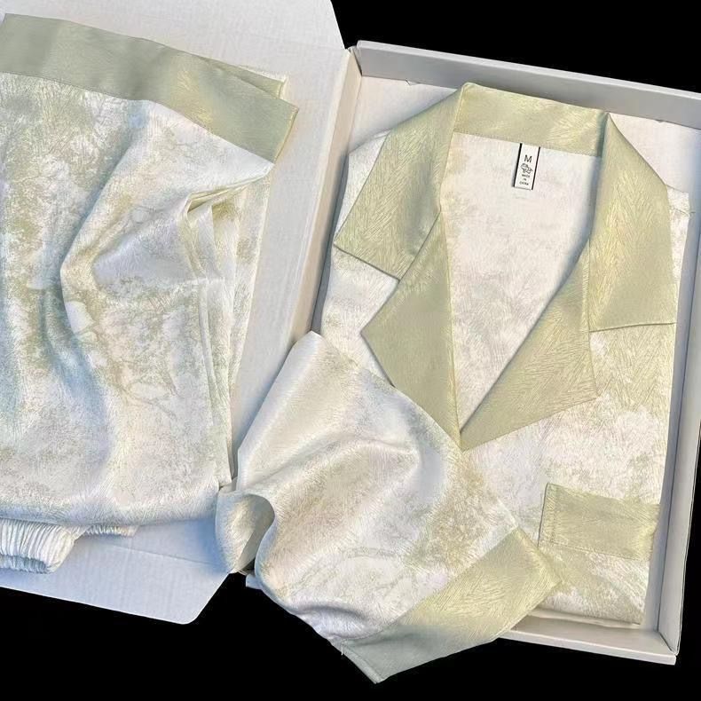 Women Long Sleeve Sleepwear Set Polyester Home Double-length green# twill sand painting XL