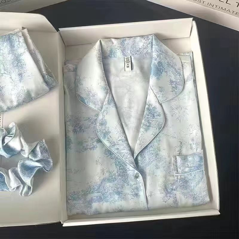 Women Long Sleeve Sleepwear Set Polyester Home Double long blue# twill sand painting XL