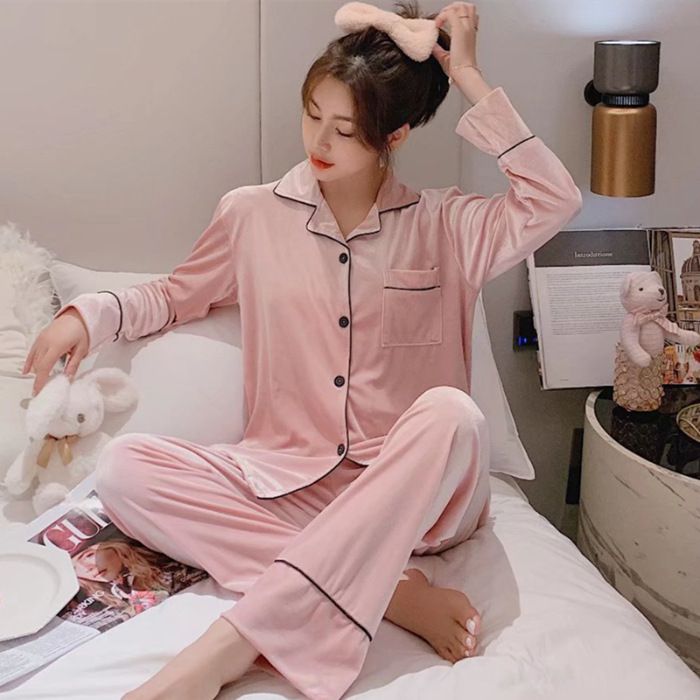 Women Winter Velvet Sleepwear Set Long Sleeve 096# Pink Female L