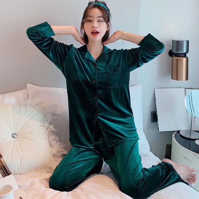 Women Winter Velvet Sleepwear Set Long Sleeve 096# Green Female L