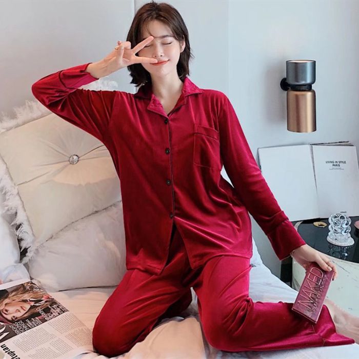 Women Winter Velvet Sleepwear Set Long Sleeve 096# Red Women's XXL