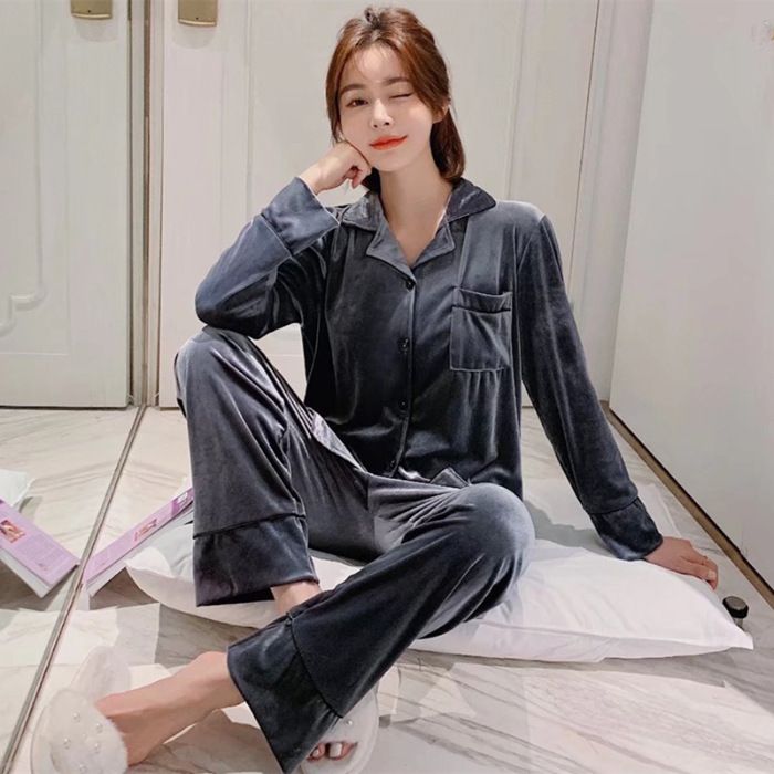 Women Winter Velvet Sleepwear Set Long Sleeve 096# Gray Women's 4XL