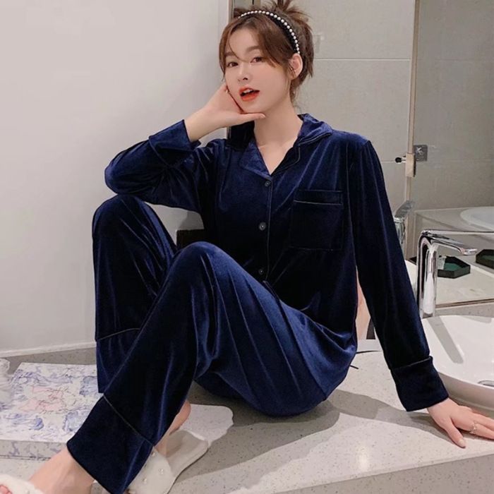 Women Winter Velvet Sleepwear Set Long Sleeve 096# Blue Women's 5XL