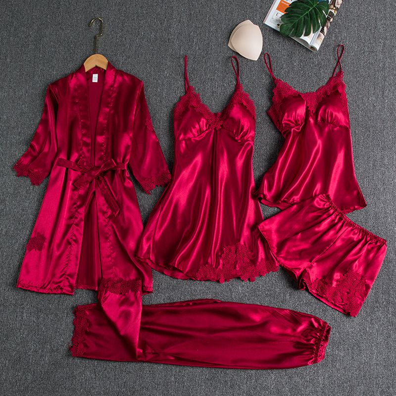 Women Five Piece Sleepwear Set Polyester V Neck Burgundy 4XL