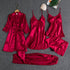 Women Five Piece Sleepwear Set Polyester V Neck Burgundy 4XL