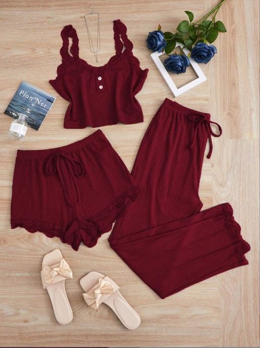 Subtle Lace Women Pajamas Set Sleepwear Wine Red