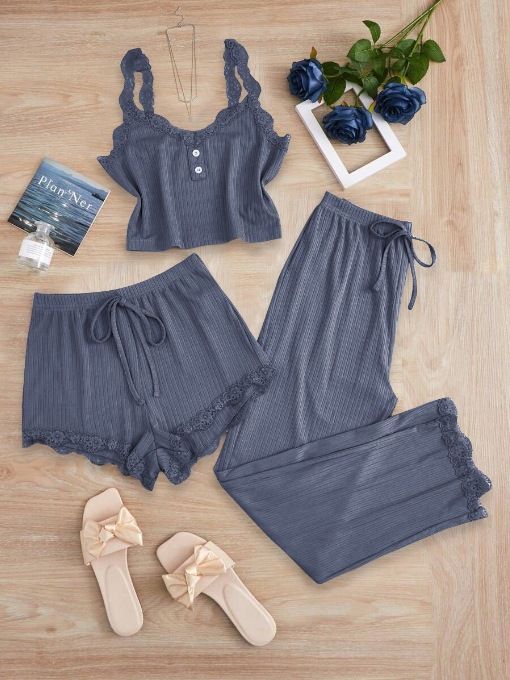 Subtle Lace Women Pajamas Set Sleepwear Gray Blue M