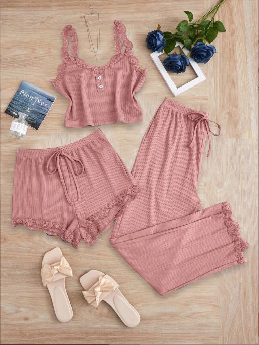 Subtle Lace Women Pajamas Set Sleepwear Pink M