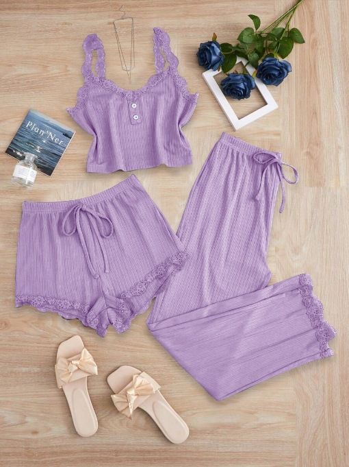 Subtle Lace Women Pajamas Set Sleepwear Light Purple