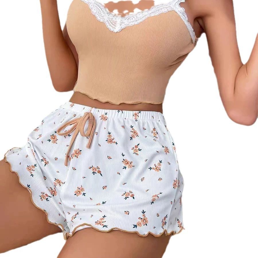 Women Sleepwear Set V Neck Sleeveless Shorts Suit Khaki