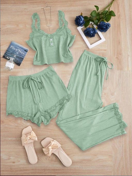 Subtle Lace Women Pajamas Set Sleepwear Mustard Green