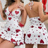 Women Sleeveless Milk Silk Sleepwear Set Heart Print Blue heart on white background L