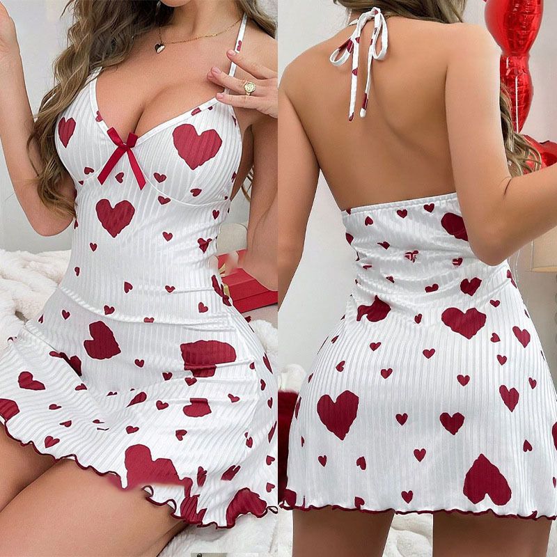 Women Sleeveless Milk Silk Sleepwear Set Heart Print Rose chalk black heart L